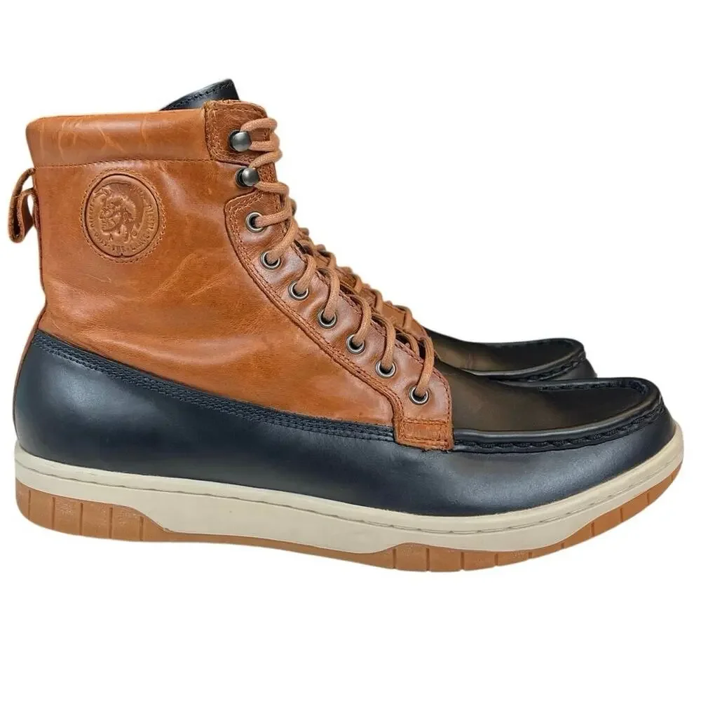 Diesel Tatradium Club Tatra Leather Boots Mens 12 Brown Navy Blue Moc Toe Y00839